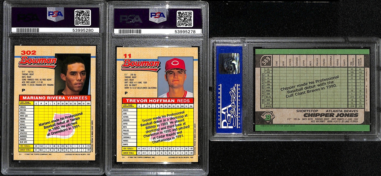 (11) PSA Graded Early 1990s Baseball Superstar and Hall of Fame Rookies- 1992 Bowman Mariano Rivera (PSA 6), 1992 Bowman Trevor Hoffman (PSA 9), 1991 Bowman Chipper Jones (PSA 9), +